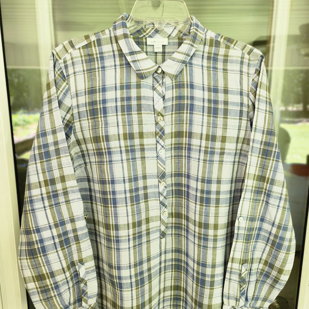 J.Jill Love Linen Size Large Blue Plaid Button Front Long Sleeve Shirt Pockets - Picture 2 of 12
